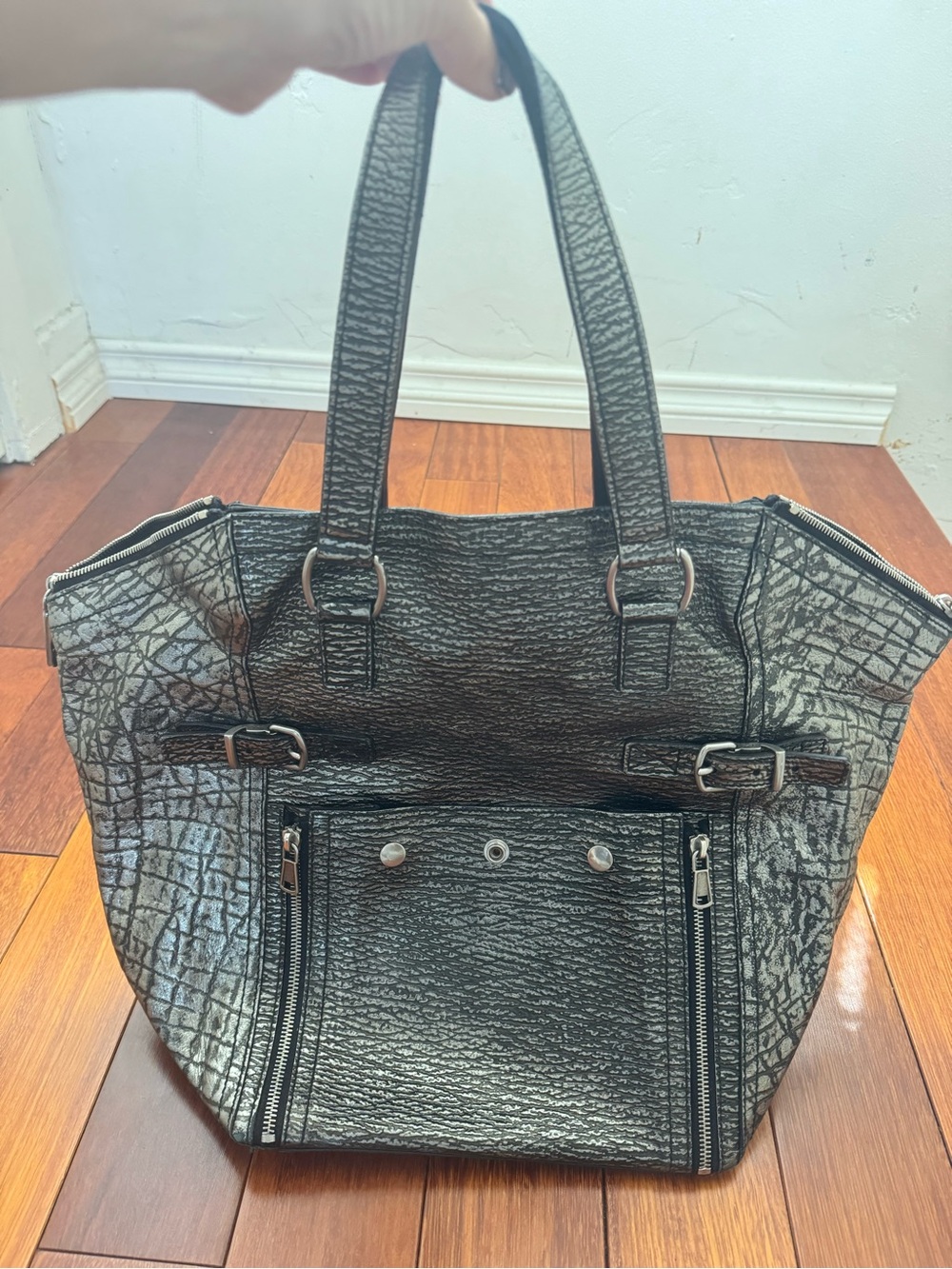 Yves Saint Laurent Downtown Metallic Textured Shoulder Bag with Silver Hardware